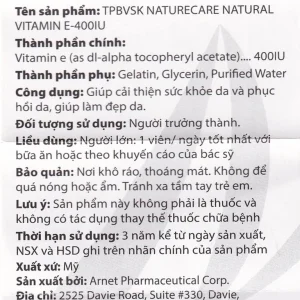 Thực phẩm bảo vệ sức khỏe Natural Vitamin E 400 IU giúp cải thiện sức khỏe da và phục hồi da (60 viên)