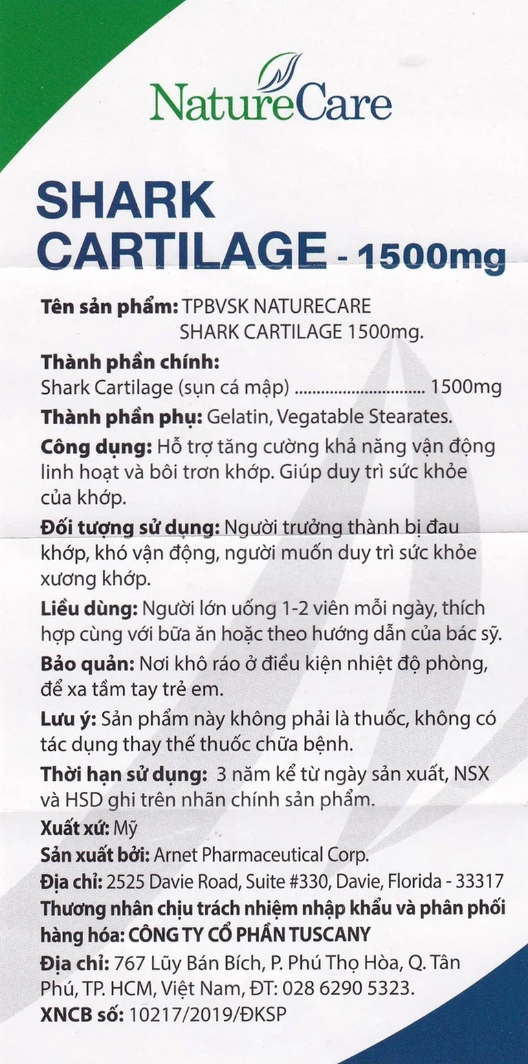 Viên uống Shark Cartilage NatureCare hỗ trợ tăng cường khả năng vận động linh hoạt và bôi trơn khớp (Hộp 60 viên)