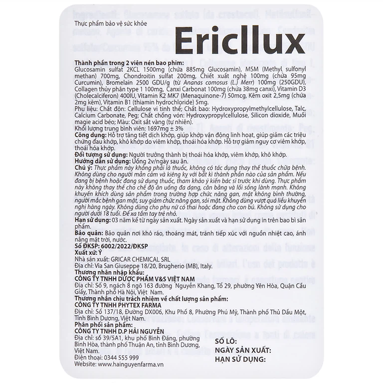 Viên uống Ericllux Ocavill hỗ trợ tăng tiết dịch khớp, giúp khớp vận động linh hoạt (60 viên)