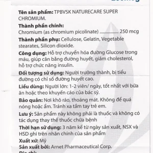 Viên uống Super Chromium 250mcg NatureCare cân bằng đường huyết, giảm cholesterol (90 viên)