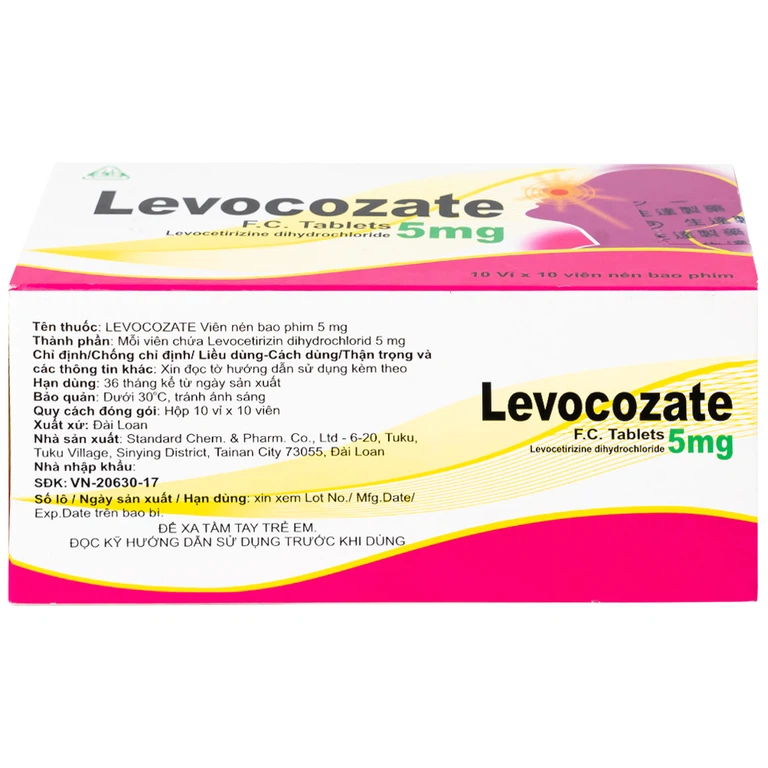 Thuốc Levocozate 5mg dùng trong điều trị viêm mũi dị ứng theo mùa, dị ứng kinh niên, nổi mề đay tự phát (10 vỉ x 10 viên)