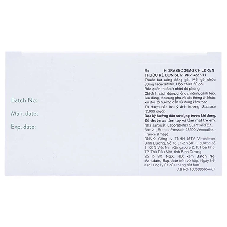 Thuốc bột Hidrasec 30mg điều trị tiêu chảy cấp ở trẻ em (30 gói)