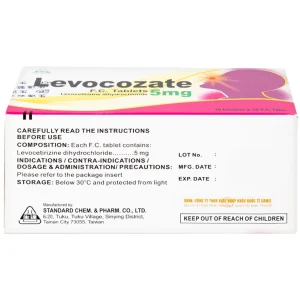 Thuốc Levocozate 5mg dùng trong điều trị viêm mũi dị ứng theo mùa, dị ứng kinh niên, nổi mề đay tự phát (10 vỉ x 10 viên)