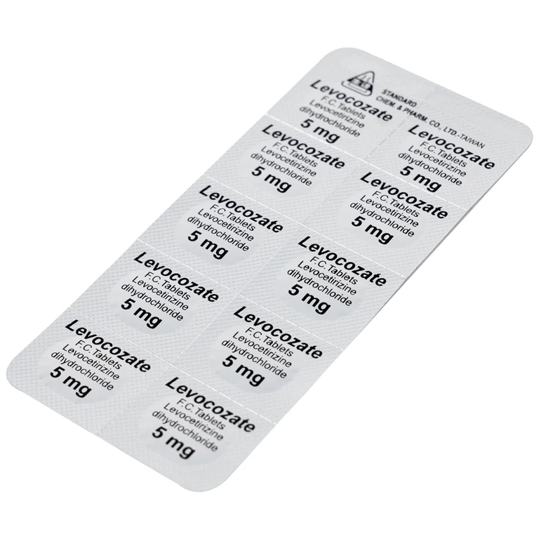 Thuốc Levocozate 5mg dùng trong điều trị viêm mũi dị ứng theo mùa, dị ứng kinh niên, nổi mề đay tự phát (10 vỉ x 10 viên)