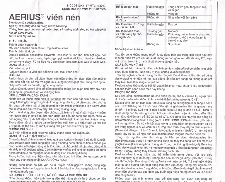 Thuốc Aerius 5mg Organon giảm viêm mũi dị ứng, mày đay (1 vỉ x 10 viên)