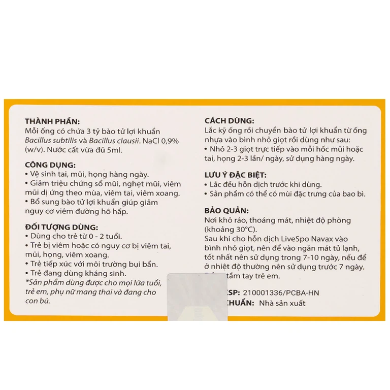 Dung dịch vệ sinh tai, mũi, họng Livespo Navax 5ml giảm sổ mũi, viêm tai, viêm xoang (5 ống và 1 bình nhỏ giọt)