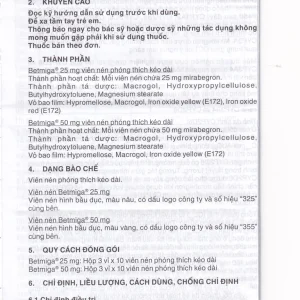 Thuốc Betmiga 50mg Astellas điều trị triệu chứng tiểu gấp (3 vỉ x 10 viên)