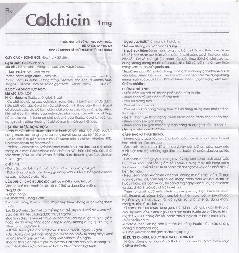 Thuốc Colchicin 1mg Traphaco phòng tái phát viêm khớp do gút và điều trị dài ngày bệnh gút (1 vỉ x 20 viên)