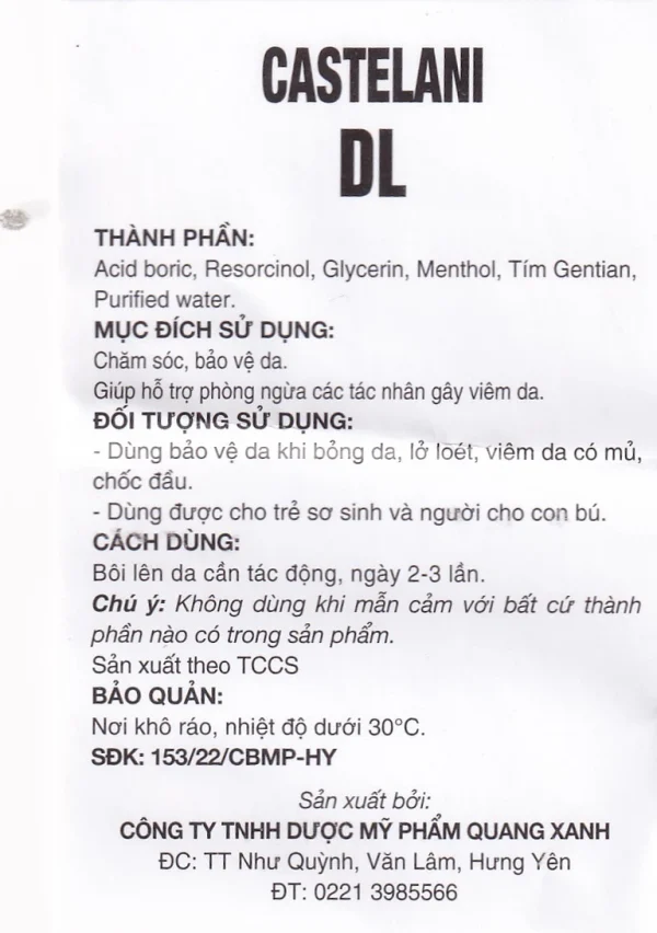 Dung dịch bôi ngoài da Castelani DL 17ml Quablue Pharma hỗ trợ phòng ngừa viêm da do bỏng da, lở loét