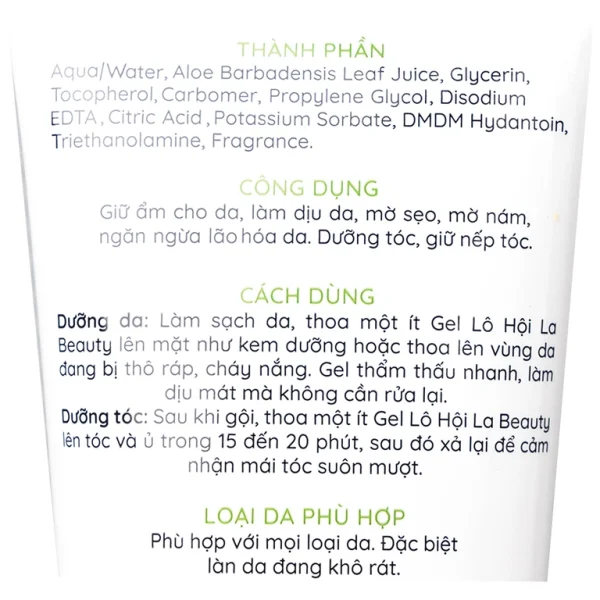 Gel Lô Hội La Beauty 180g giữ ẩm cho da, làm dịu da, mờ sẹo, mờ nám, ngăn ngừa lão hóa da