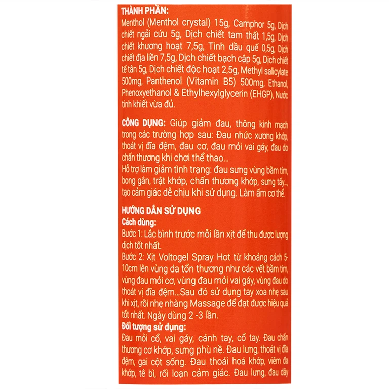 Chai xịt nóng Voltogel hot spray giảm nhanh chóng các cơn đau cơ, đau vai, bầm tím, bong gân (120ml)