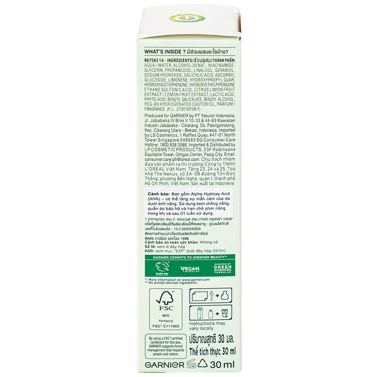 Dưỡng chất giảm mụn sáng da Garnier Skin Naturals Bright Complete Anti-acne Booster Serum (30ml)