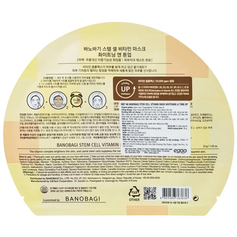 Mặt nạ Banobagi stem cell vitamin mask whitening & tone up hỗ trợ cấp ẩm, dưỡng sáng da và nâng tông (30g)