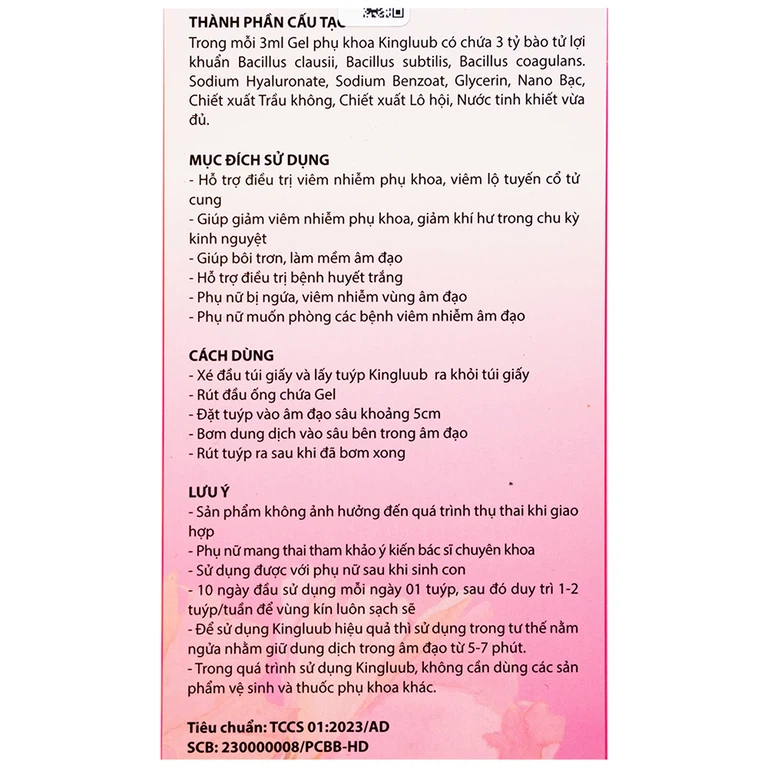 Gel phụ khoa Kingluub Biosantis giảm viêm nhiễm, hỗ trợ điều trị huyết trắng, bôi trơn, mềm âm đạo (5 tuýp x 3ml)