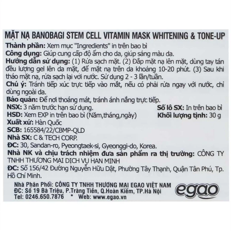 Mặt nạ Banobagi stem cell vitamin mask whitening & tone up hỗ trợ cấp ẩm, dưỡng sáng da và nâng tông (30g)