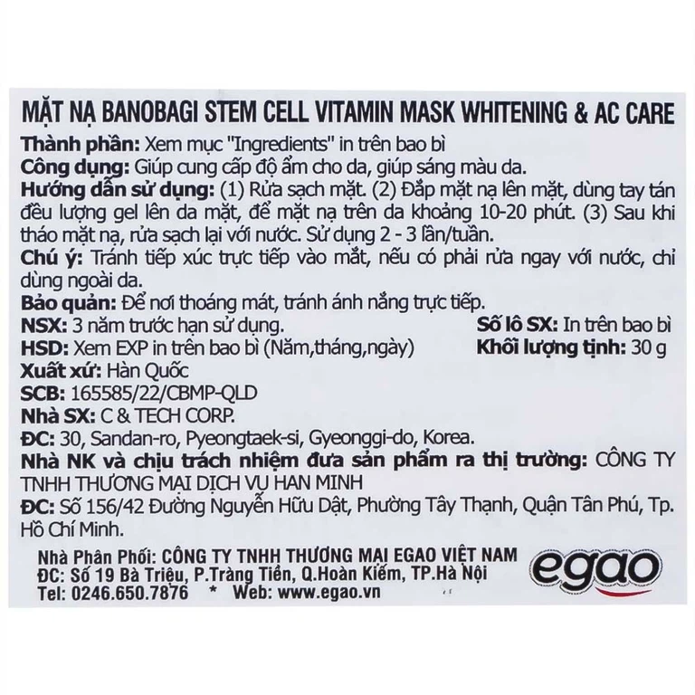 Mặt nạ Banobagi stem cell vitamin mask whitening & ac care hỗ trợ cấp ẩm và dưỡng sáng da cho da mụn (30g)