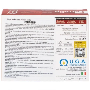 Sắt Ferrolip Uga hỗ trợ tạo hồng cầu, giúp giảm nguy cơ thiếu máu do thiếu sắt (20 gói)