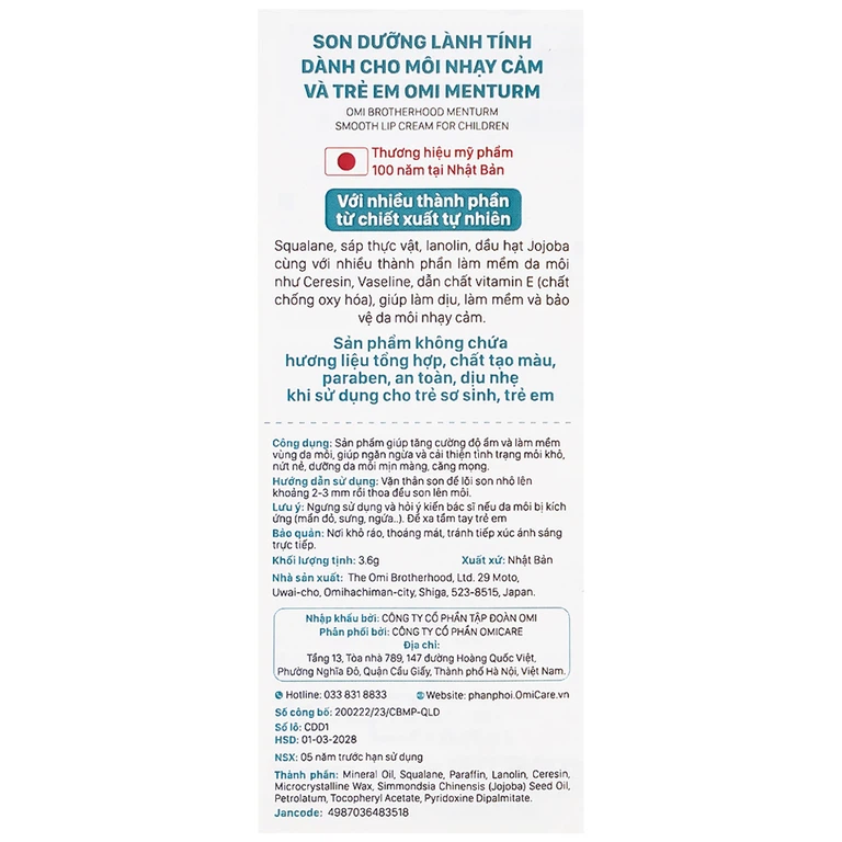 Son dưỡng lành tính Omi Menturm dành cho môi nhạy cảm giúp tăng cường độ ẩm và làm mềm vùng da môi (3.6g)