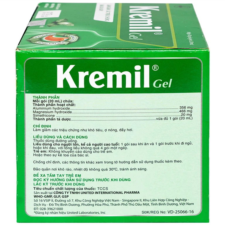 Dung dịch Kremil Gel United Pharma giảm loét dạ dày - tá tràng, viêm thực quản (30 gói x 20ml)