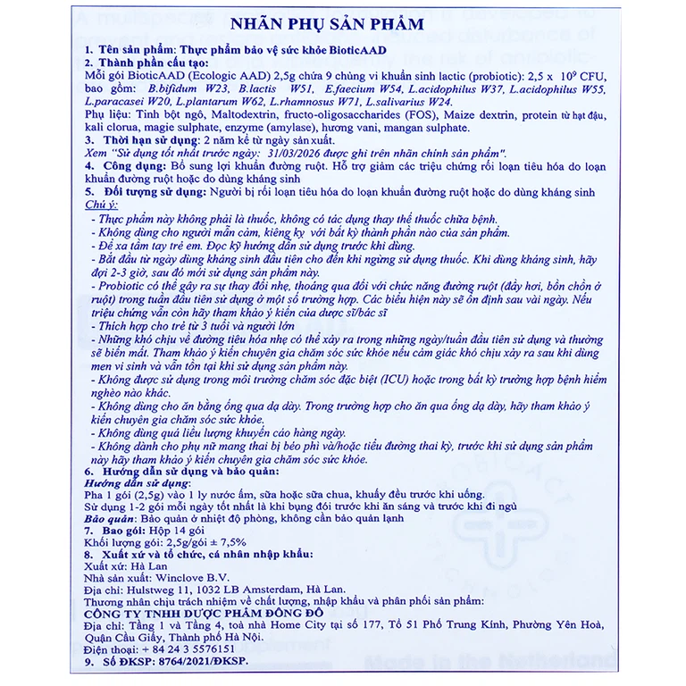 Bột pha uống BioticAAD 2.5g Ecologic AAD bổ sung lợi khuẩn đường ruột, giảm rối loạn tiêu hóa (14 gói)