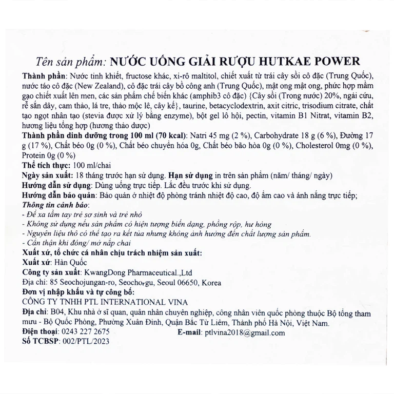 Nước uống giải rượu Hutkae Power 100ml KwangDong hỗ trợ giảm khó chịu khi say