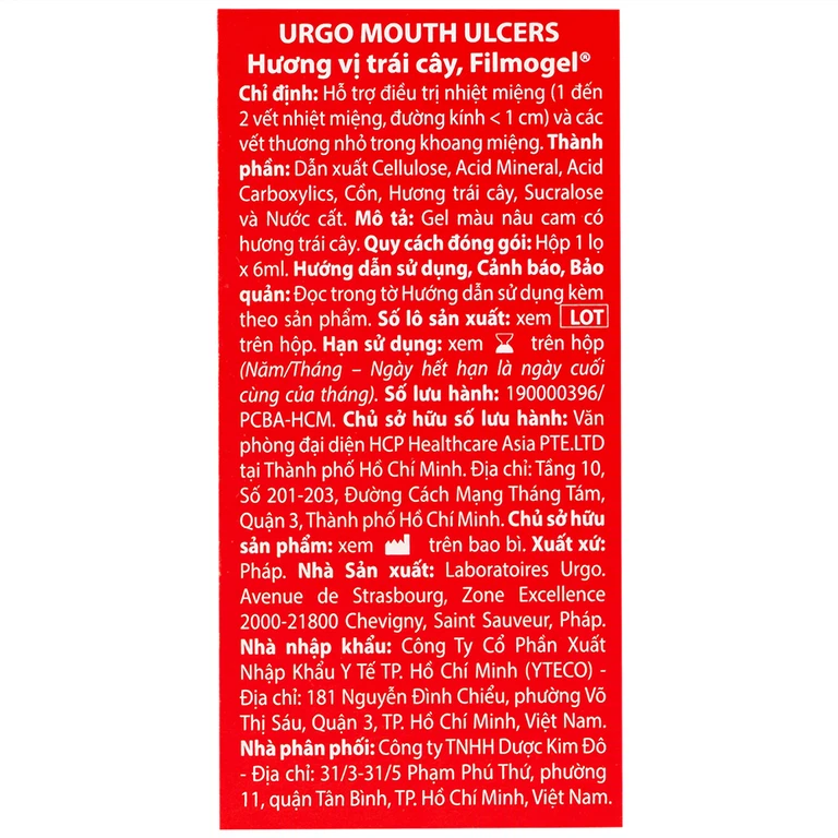Gel Urgo Mouth Ulcers vị trái cây hỗ trợ điều trị vết loét, vết thương nhỏ trong miệng (6ml)