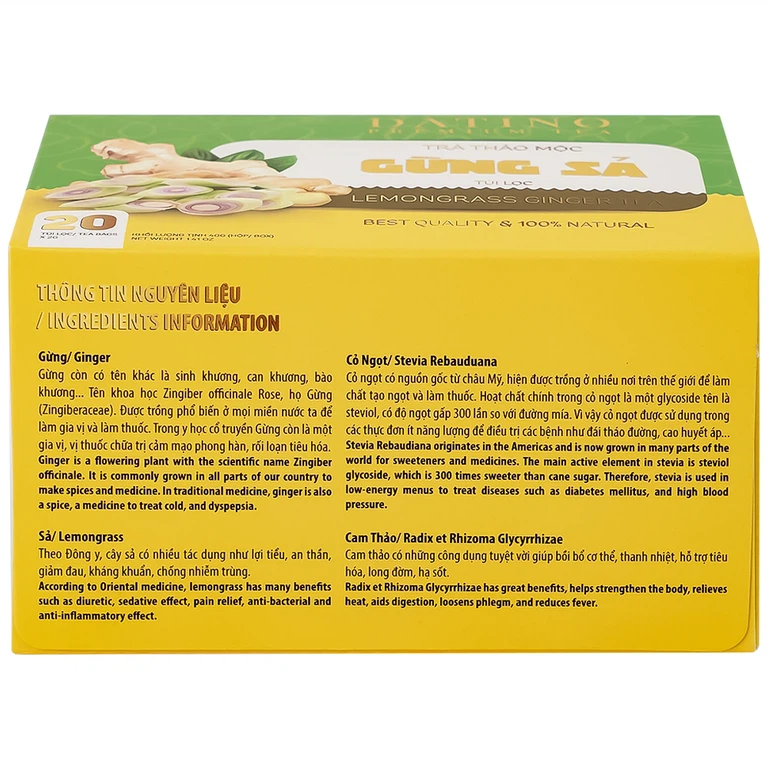 Trà thảo mộc gừng sả Datino Premium Tea hỗ trợ giảm nghẹt mũi, sổ mũi, buồn nôn (20 túi x 2g)