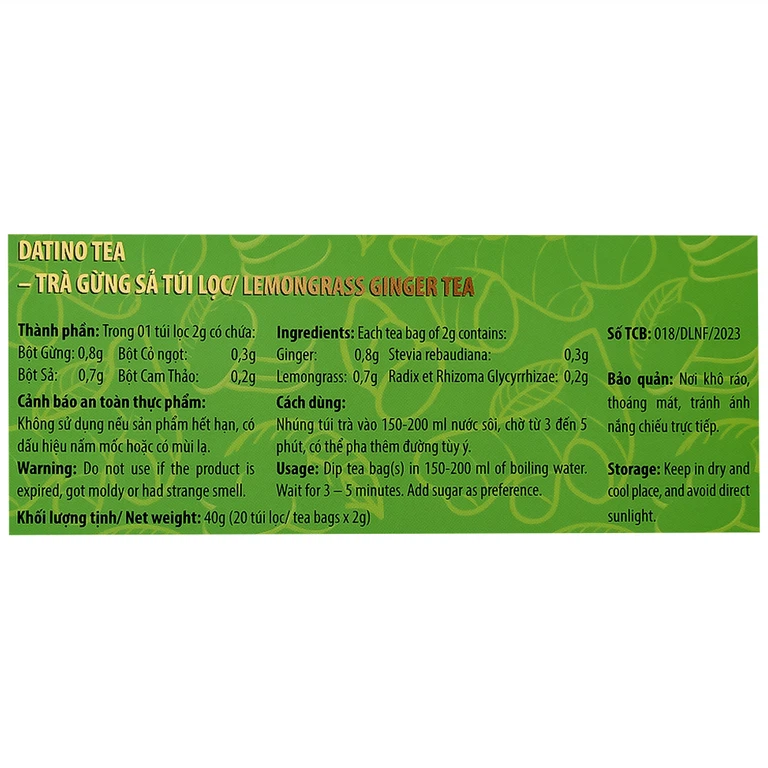 Trà thảo mộc gừng sả Datino Premium Tea hỗ trợ giảm nghẹt mũi, sổ mũi, buồn nôn (20 túi x 2g)