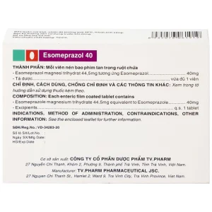 Thuốc Esomeprazol 40 Tv.Pharm điều trị loét dạ dày, trào ngược dạ dày, thực quản (3 vỉ x 10 viên)