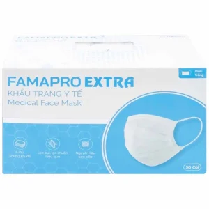 Khẩu trang y tế Famapro Extra màu trắng 4 lớp hỗ trợ ngăn khói, bụi, kháng khuẩn (50 cái)