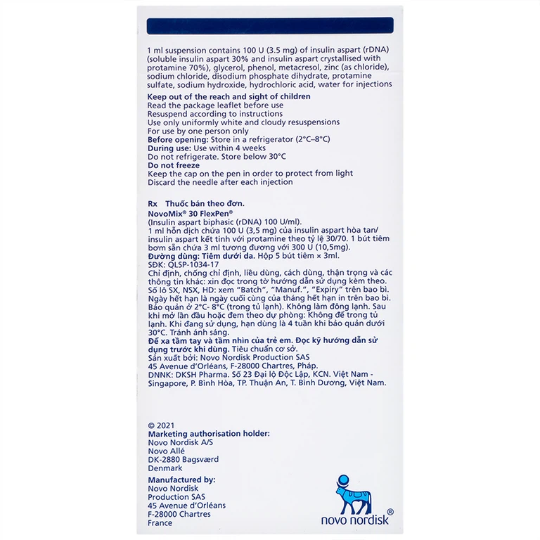 Bút tiêm NovoMix 30 FlexPen Novo Nordisk điều trị đái tháo đường (5 cây x 3ml)