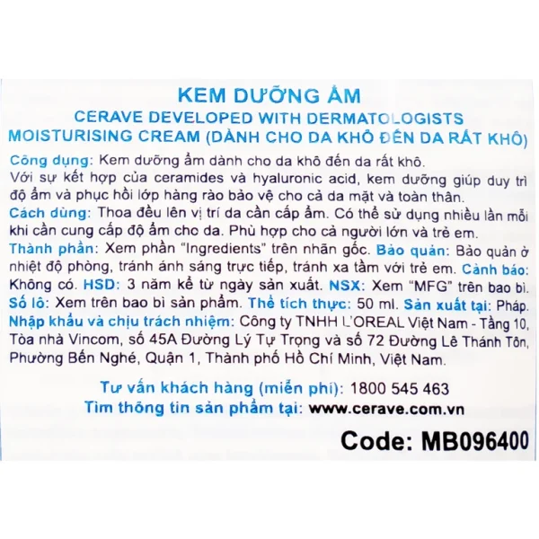 Kem dưỡng ẩm CeraVe Developed With Dermatologists Moisturising Cream dành cho da khô (50ml)