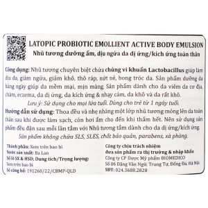 Nhũ tương Probiotic Emollient Latopic làm dịu da, giảm ngứa, giảm khô (250ml)