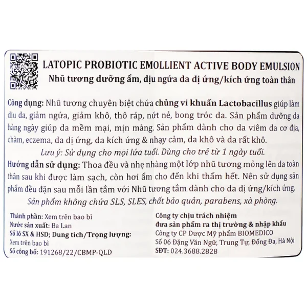 Nhũ tương Probiotic Emollient Latopic làm dịu da, giảm ngứa, giảm khô (250ml)