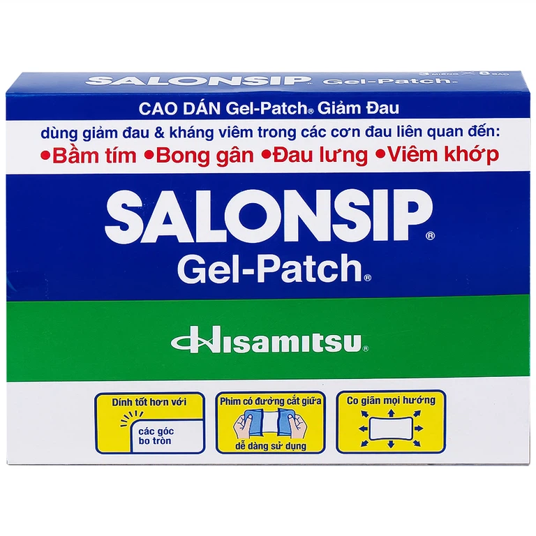 Cao dán Salonsip Gel - Patch Hisamitsu giảm đau, kháng viêm do mỏi cơ, đau cơ (8 gói x 3 miếng)