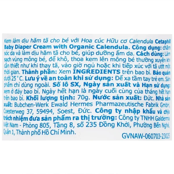 Kem chống hăm tã Calendula Diaper Cream Cetaphil giúp chăm sóc da và làm dịu hăm tã cho bé (70g)