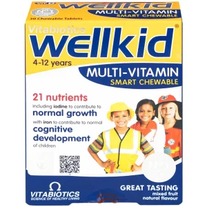 Viên nhai Wellkid multi-vitamin smart chewable 4-12 years Vitabiotics tăng cường sức khỏe (3 vỉ x 10 viên)