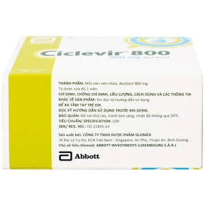 Thuốc Ciclevir 800 Abbott điều trị nhiễm virus Herpes simplex tuýp 1 và 2 (10 vỉ x 5 viên)
