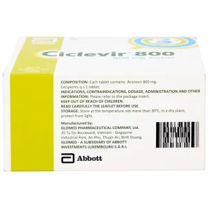 Thuốc Ciclevir 800 Abbott điều trị nhiễm virus Herpes simplex tuýp 1 và 2 (10 vỉ x 5 viên)