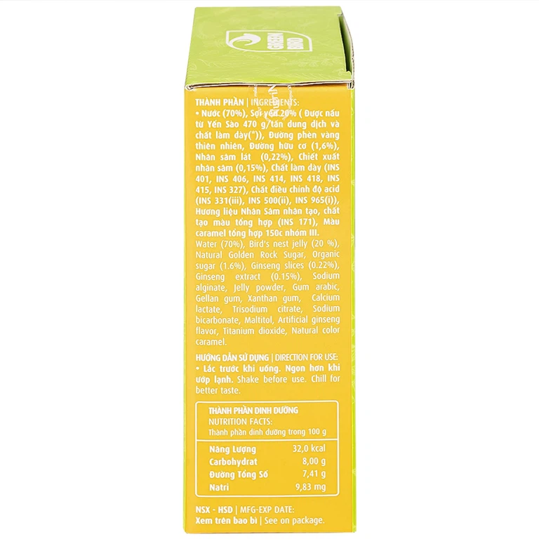 Nước Yến Sào và Sâm Lát Green Bird bổ sung dưỡng chất, tăng cường sức khỏe (4 hũ x 72g)