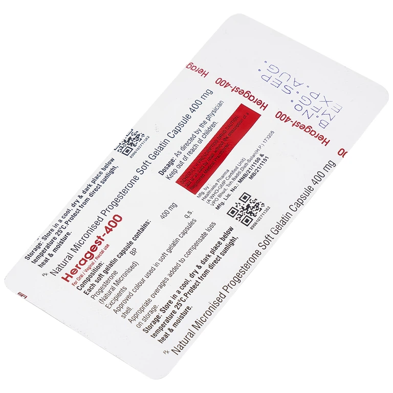 Viên nội tiết tố Heragest - 400 hỗ trợ dự phòng sảy thai, vô sinh nữ, hội chứng tiền kinh nguyệt (1 vỉ x 10 viên)