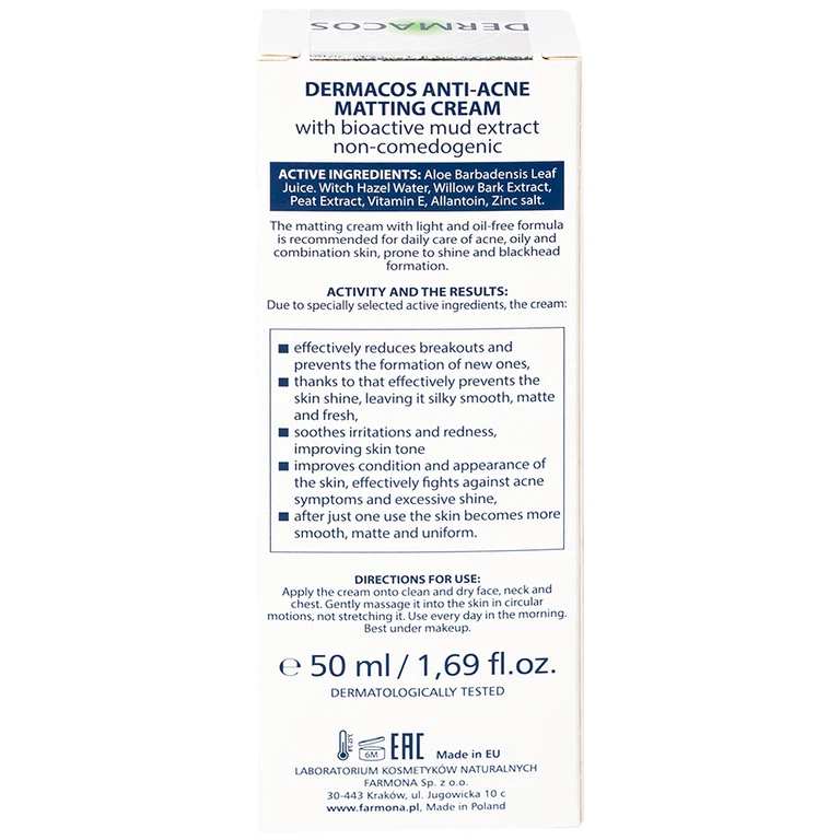 Kem Dermacos Anti-Acne Matting Cream giảm nhờn, ngăn ngừa mụn (50ml)