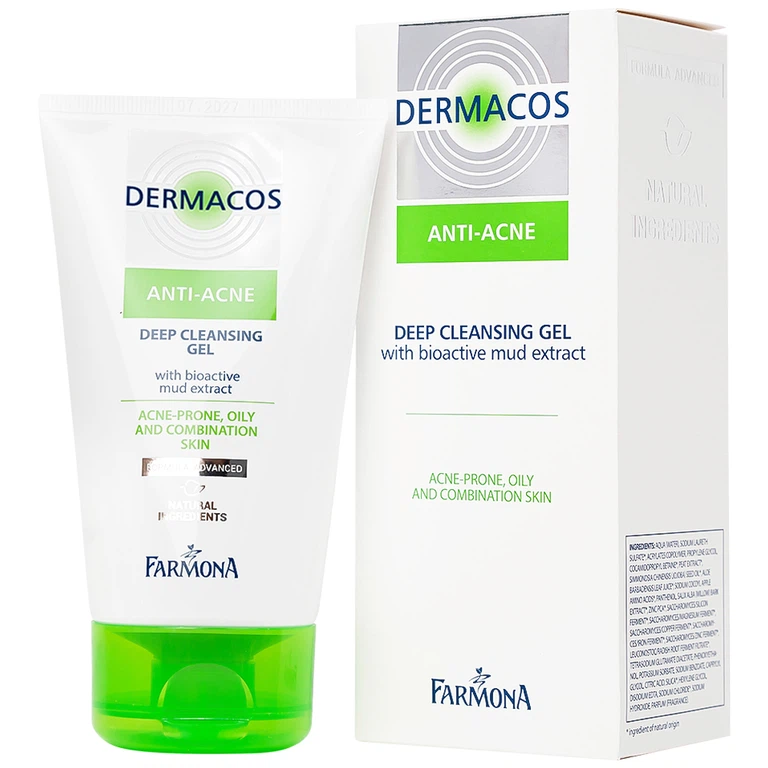 Gel rửa sạch sâu ngừa mụn chứa bùn hoạt tính Dermacos Anti-Acne Deep Cleansing Gel giảm nhờn trên da (150ml)