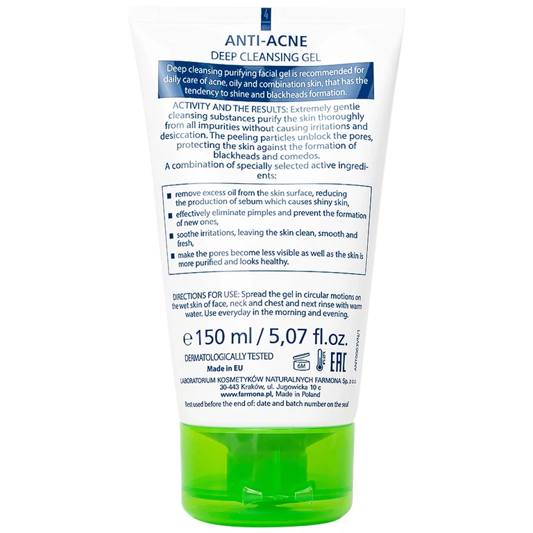 Gel rửa sạch sâu ngừa mụn chứa bùn hoạt tính Dermacos Anti-Acne Deep Cleansing Gel giảm nhờn trên da (150ml)