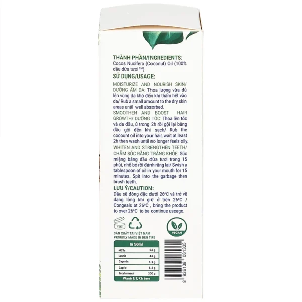 Dầu Dừa Tươi Raw Virgin Coconut Oil Coboté 50ml dưỡng ẩm da, dưỡng tóc, chăm sóc răng miệng