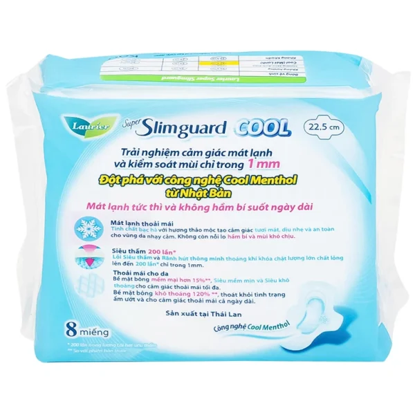Băng vệ sinh Laurier Super Slimguard Cool Kao kháng khuẩn 99,99%, ngăn nấm Candida (1mm - 8 miếng)