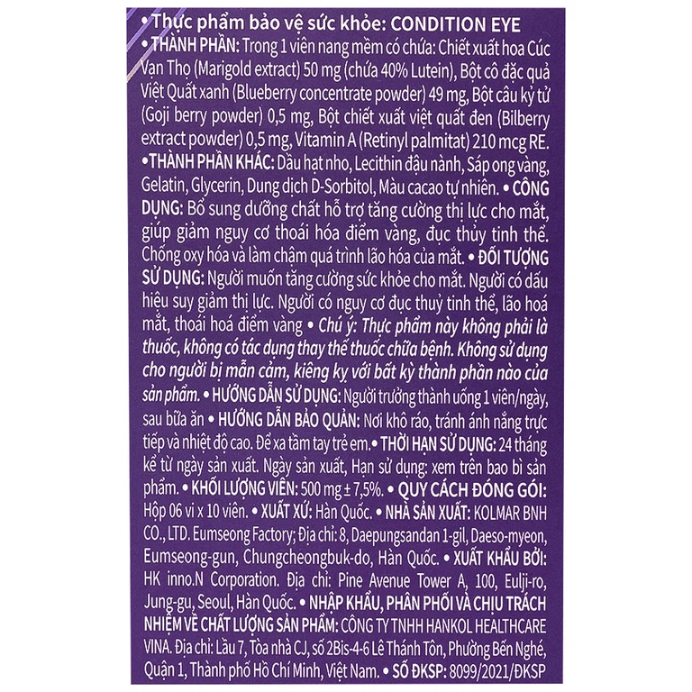 Thực phẩm bảo vệ sức khỏe Condition EYE Berry Kolmar hỗ trợ tăng cường thị lực cho mắt (6 vỉ x 10 viên)