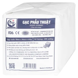Gạc phẫu thuật An Lành 10cm x 10cm x 6 lớp Alameco dùng thấm máu trong phẫu thuật (100 miếng)