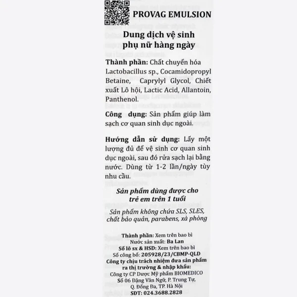 Dung dịch vệ sinh phụ nữ hàng ngày Provag Emulsion 150ml Biomed làm sạch cơ quan sinh dục ngoài