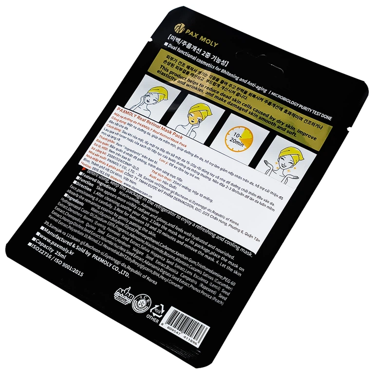 Mặt nạ Pax Moly Real Retinol Mask Pack 10 miếng (Black) giúp da mềm mịn, dưỡng ẩm, săn chắc